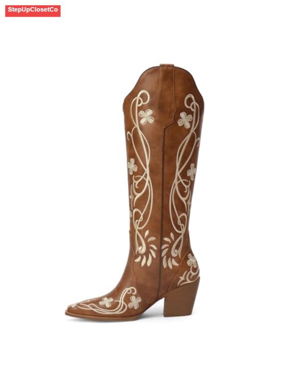 Knee High Vintage Cowboy Boots Faux Leather Floral Embroidery
